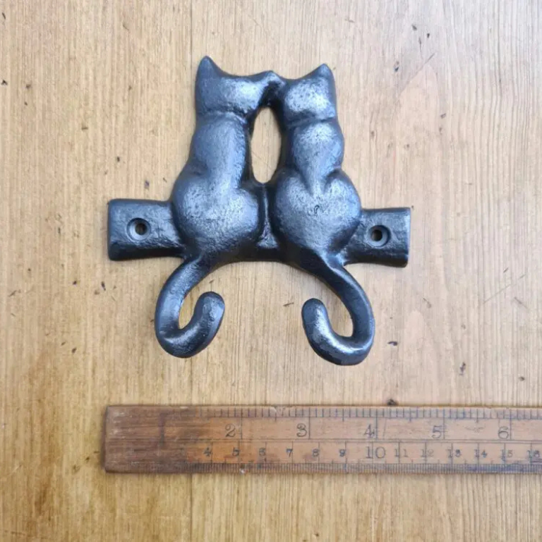 Coat Hook Double 2 KISSING CATS Cast Antique Iron